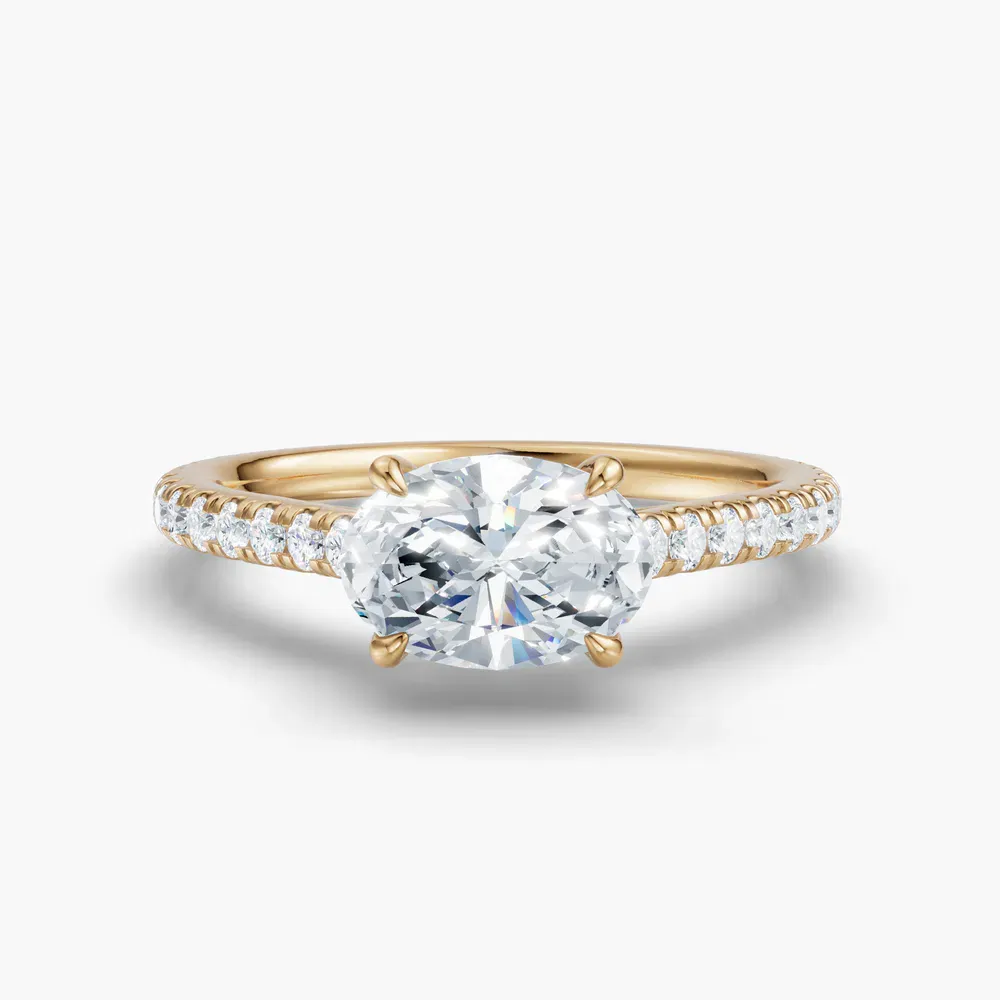 Certified 1 carat Lab Grown Diamond Oval Cut Pavé, Cathedral, East-West Engagement Ring in 14K Yellow Gold-Uma
