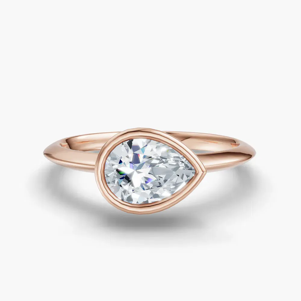 Certified 1 carat Lab Grown Diamond Pear Cut Bezel, East-West, Solitaire Engagement Ring in 14K Rose Gold-Galen