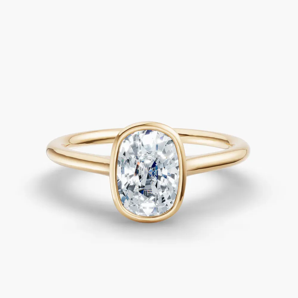 Certified 1 carat Lab Grown Diamond Elongated Cushion Cut Solitaire, Bezel, Cathedral Engagement Ring in 14K Yellow Gold-Borvi