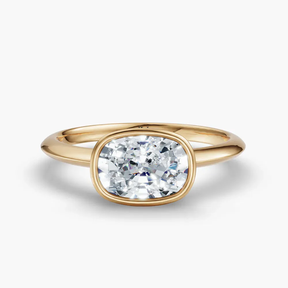 Certified 1 carat Lab Grown Diamond Elongated Cushion Cut Bezel, East-West, Solitaire Engagement Ring in 14K Yellow Gold-Galen