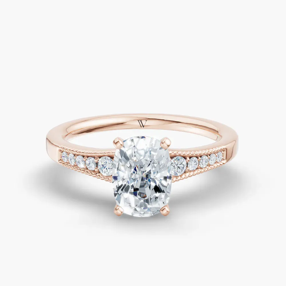 Certified 1 carat Lab Grown Diamond Elongated Cushion Cut Milgrain, Pavé, Side Stone Engagement Ring in 14K Rose Gold-Rosca