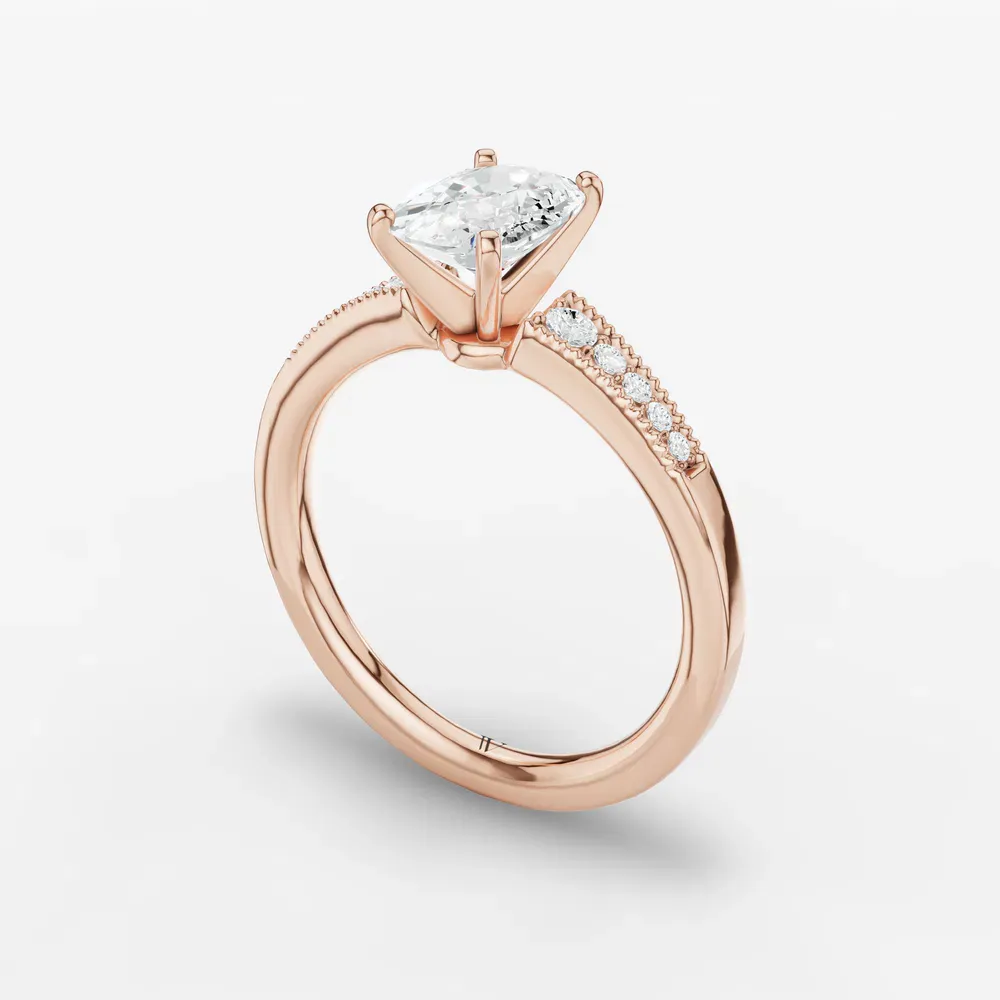 Certified 1 carat Lab Grown Diamond Elongated Cushion Cut Milgrain, Pavé, Side Stone Engagement Ring in 14K Rose Gold-Rosca