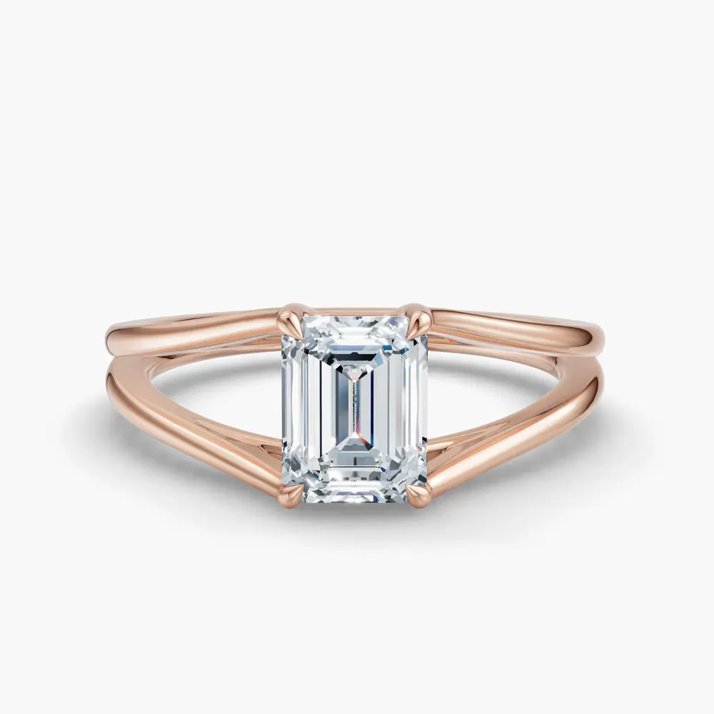 Certified 1 carat Lab Grown Diamond Emerald Cut Split Shank, Solitaire, Low profile Engagement Ring in 14K Rose Gold-Wraith