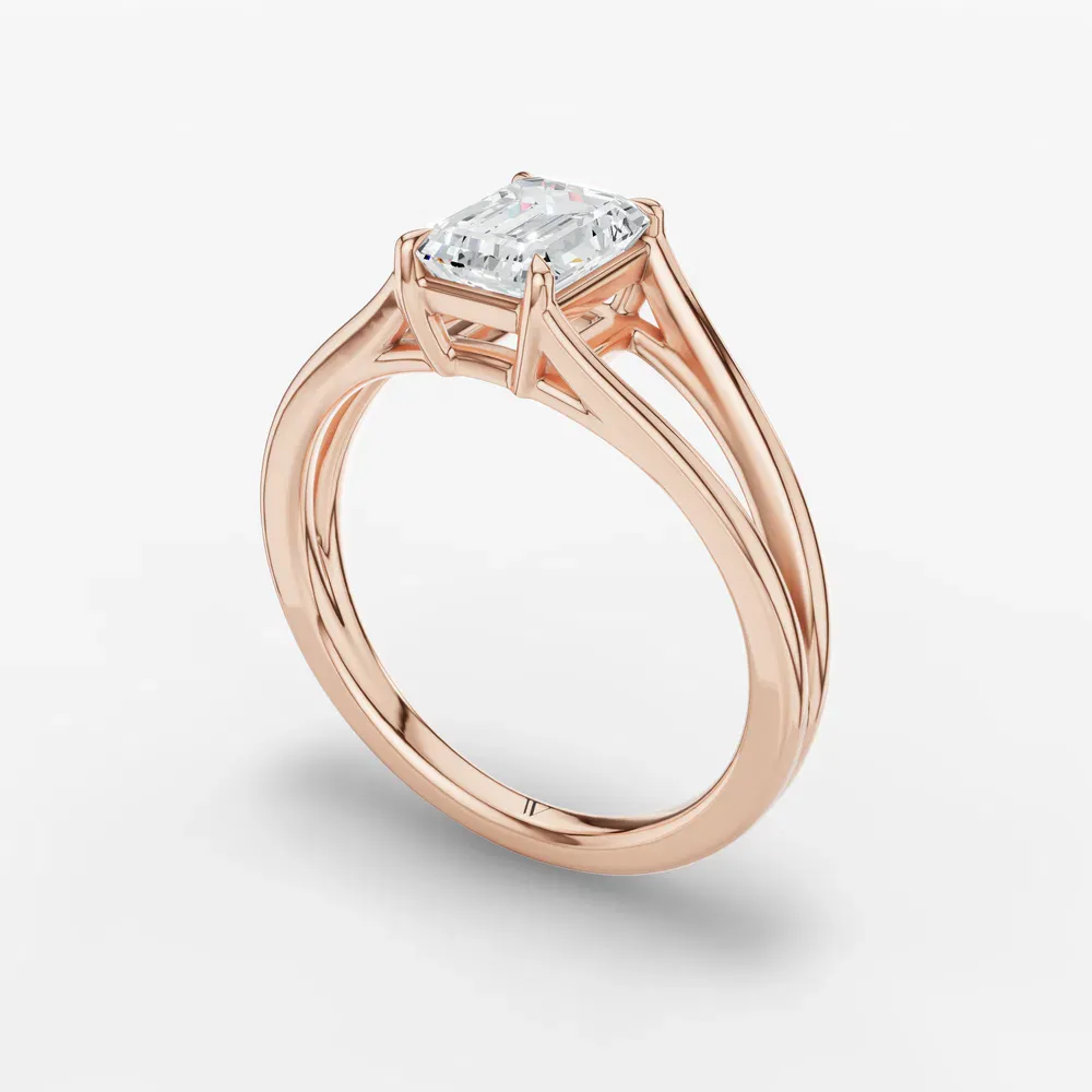 Certified 1 carat Lab Grown Diamond Emerald Cut Split Shank, Solitaire, Low profile Engagement Ring in 14K Rose Gold-Wraith