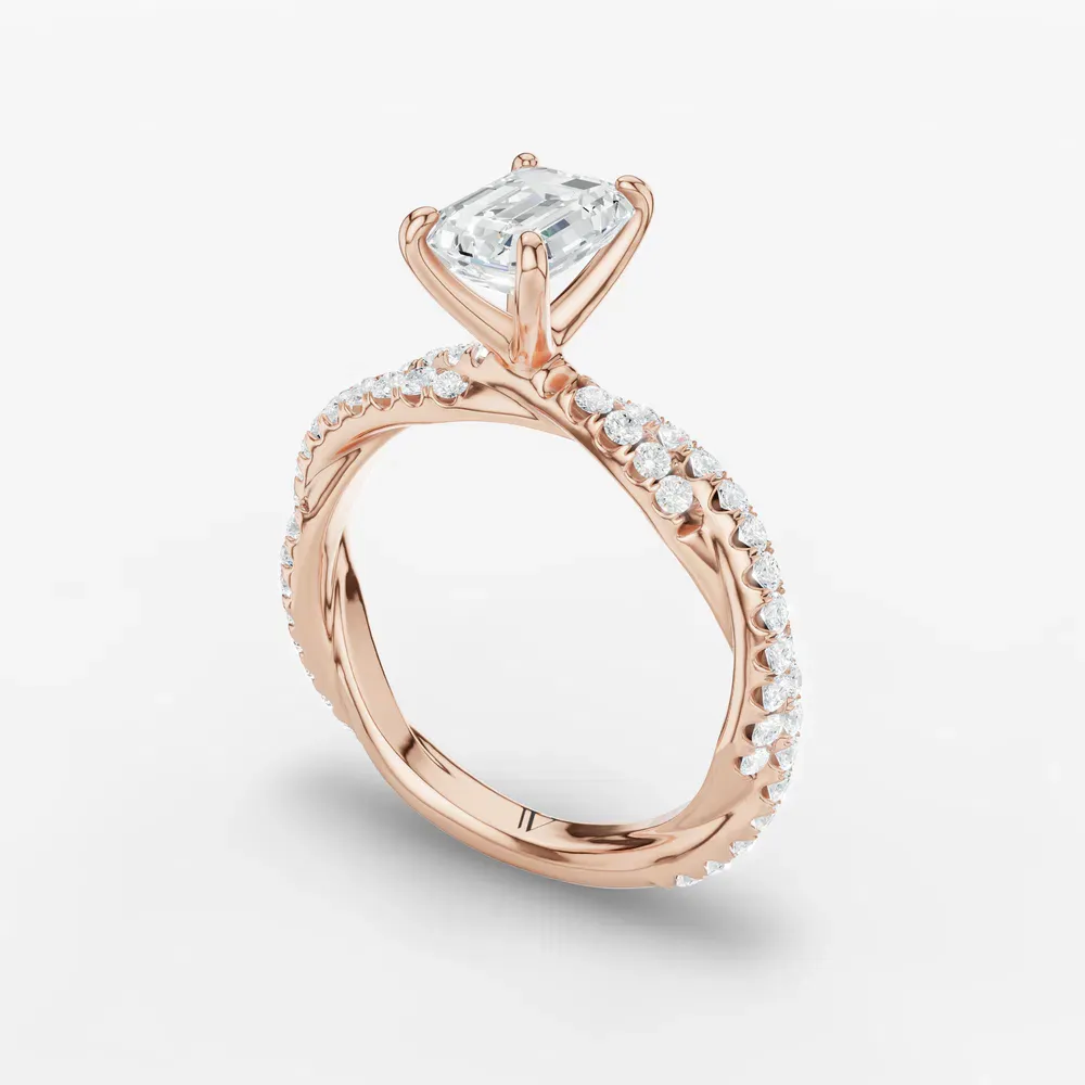 Certified 1 carat Lab Grown Diamond Emerald Cut Pavé, Twist Engagement Ring in 14K Rose Gold-Alva