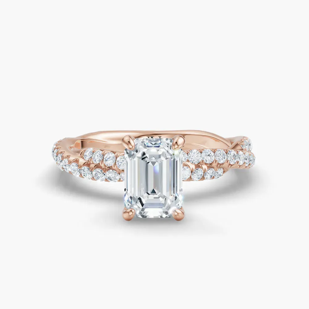 Certified 1 carat Lab Grown Diamond Emerald Cut Pavé, Twist Engagement Ring in 14K Rose Gold-Alva