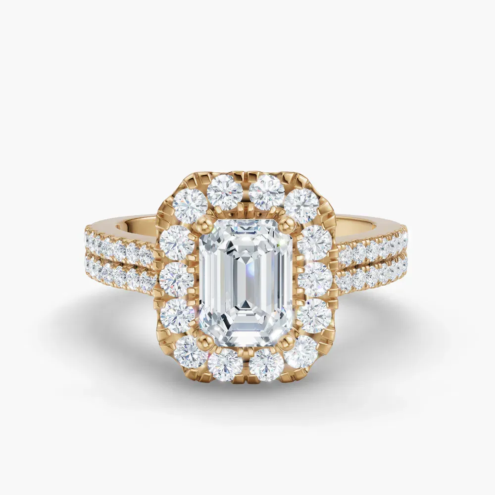 Certified 1 carat Lab Grown Diamond Emerald Cut Pavé, Halo, Cathedral Engagement Ring in 14K Yellow Gold-Maelis