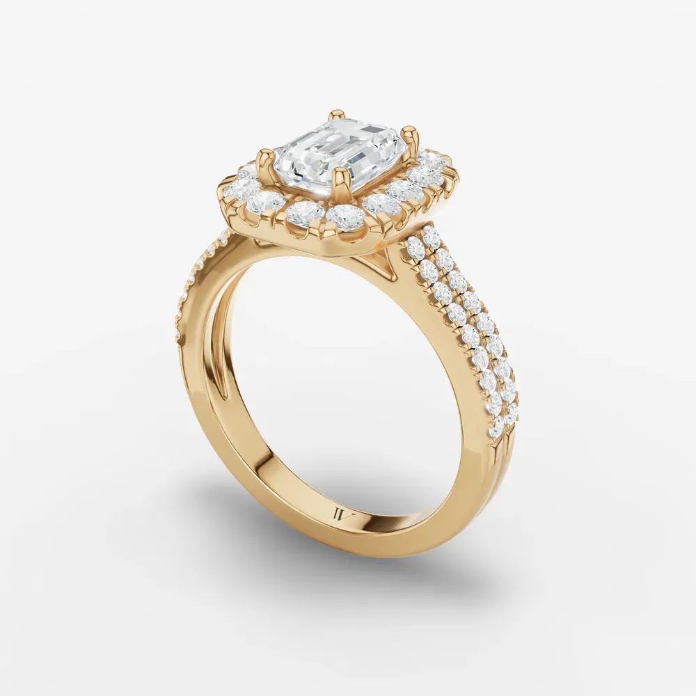 Certified 1 carat Lab Grown Diamond Emerald Cut Pavé, Halo, Cathedral Engagement Ring in 14K Yellow Gold-Maelis