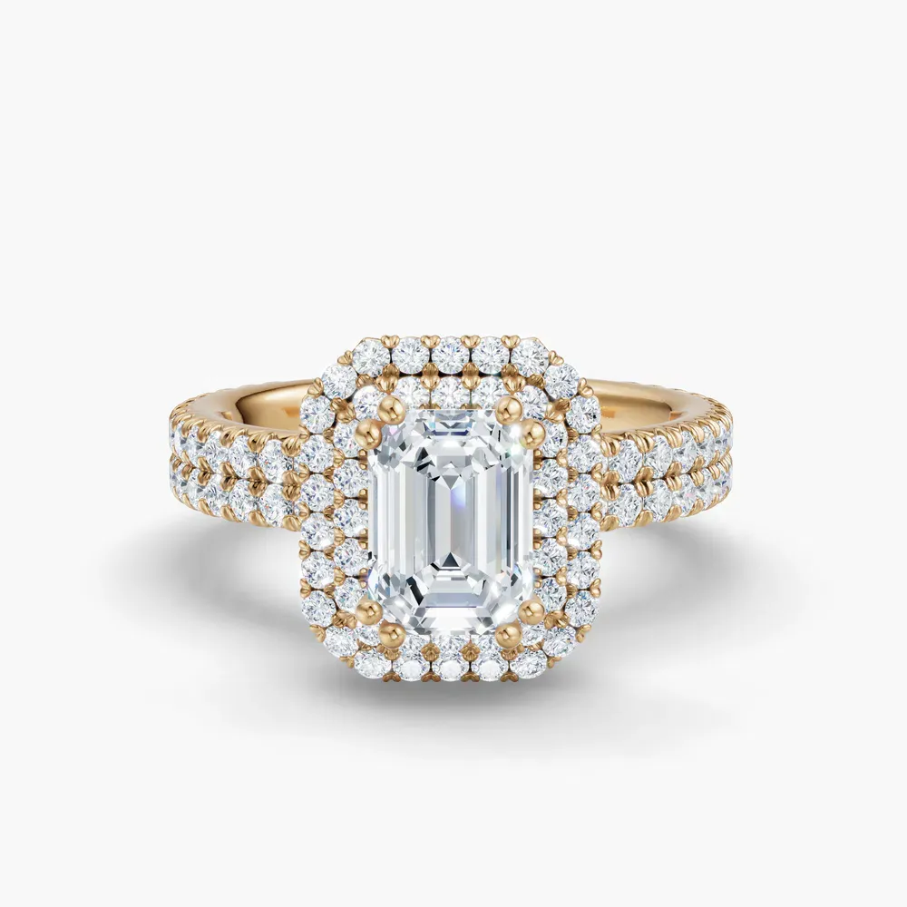 Certified 1 carat Lab Grown Diamond Emerald Cut Pavé, Halo, Hidden Halo Engagement Ring in 14K Yellow Gold-Caela
