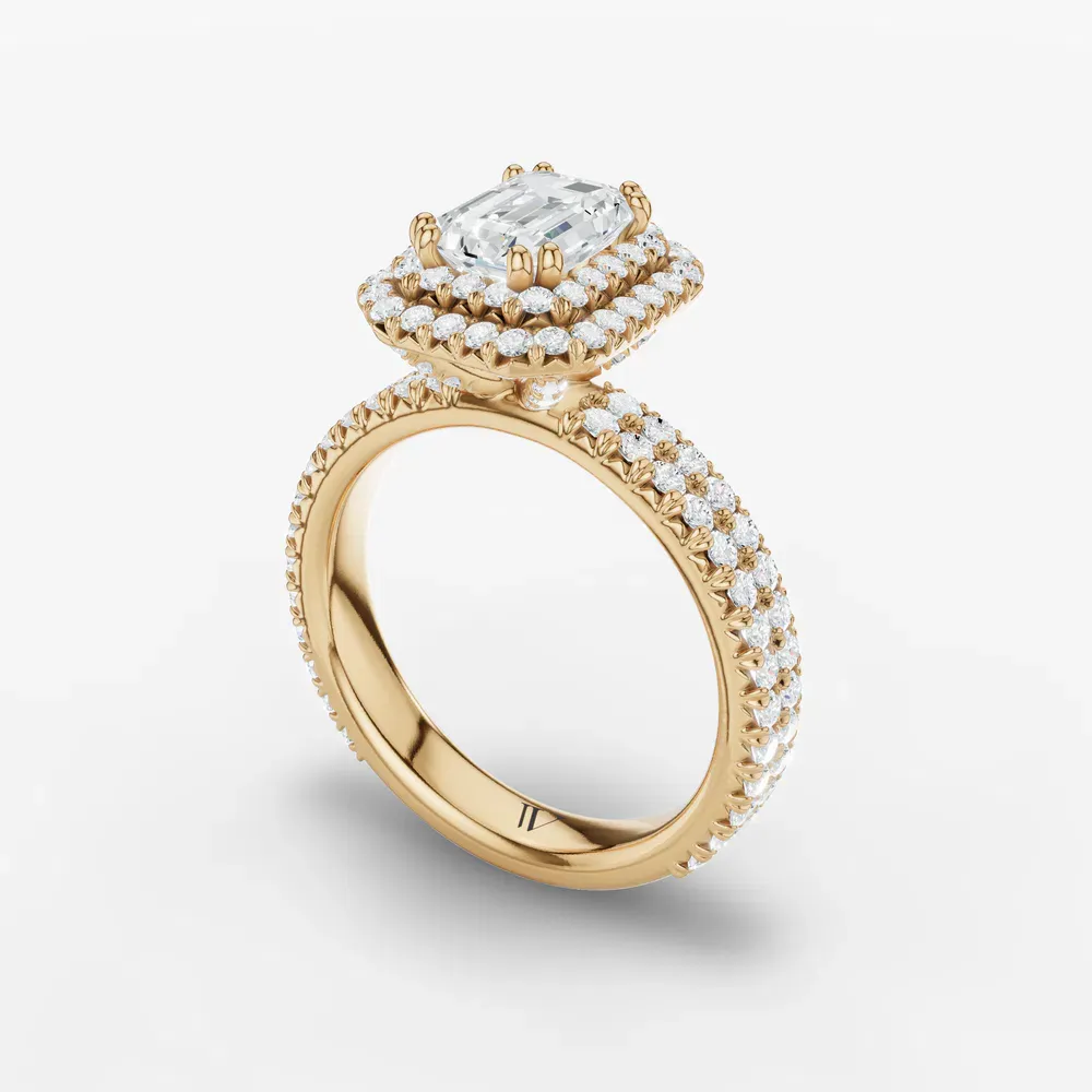 Certified 1 carat Lab Grown Diamond Emerald Cut Pavé, Halo, Hidden Halo Engagement Ring in 14K Yellow Gold-Caela
