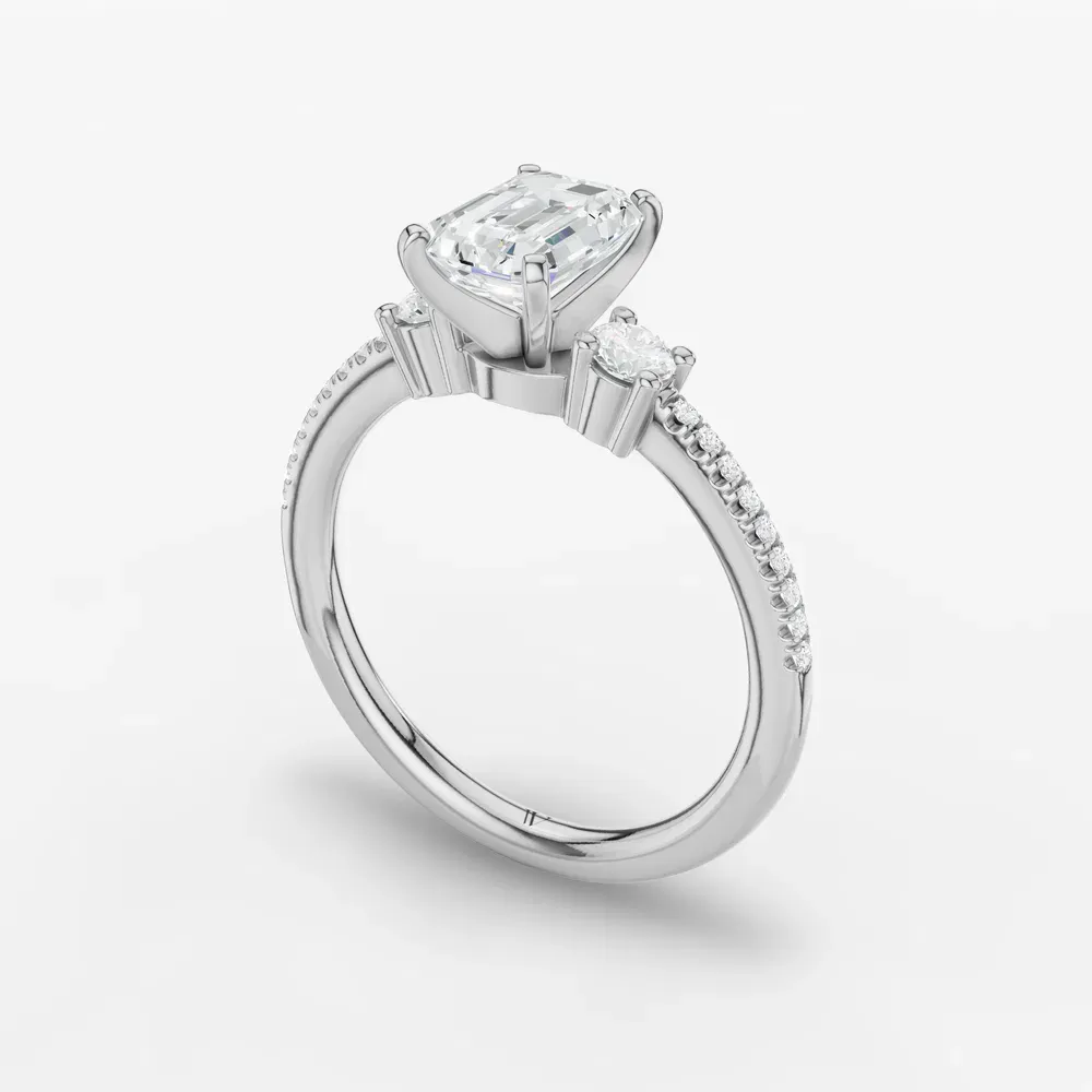 Certified 1 carat Lab Grown Diamond Emerald Cut Three Stone, Pavé, Side Stone Engagement Ring in 14K White Gold-Vynix