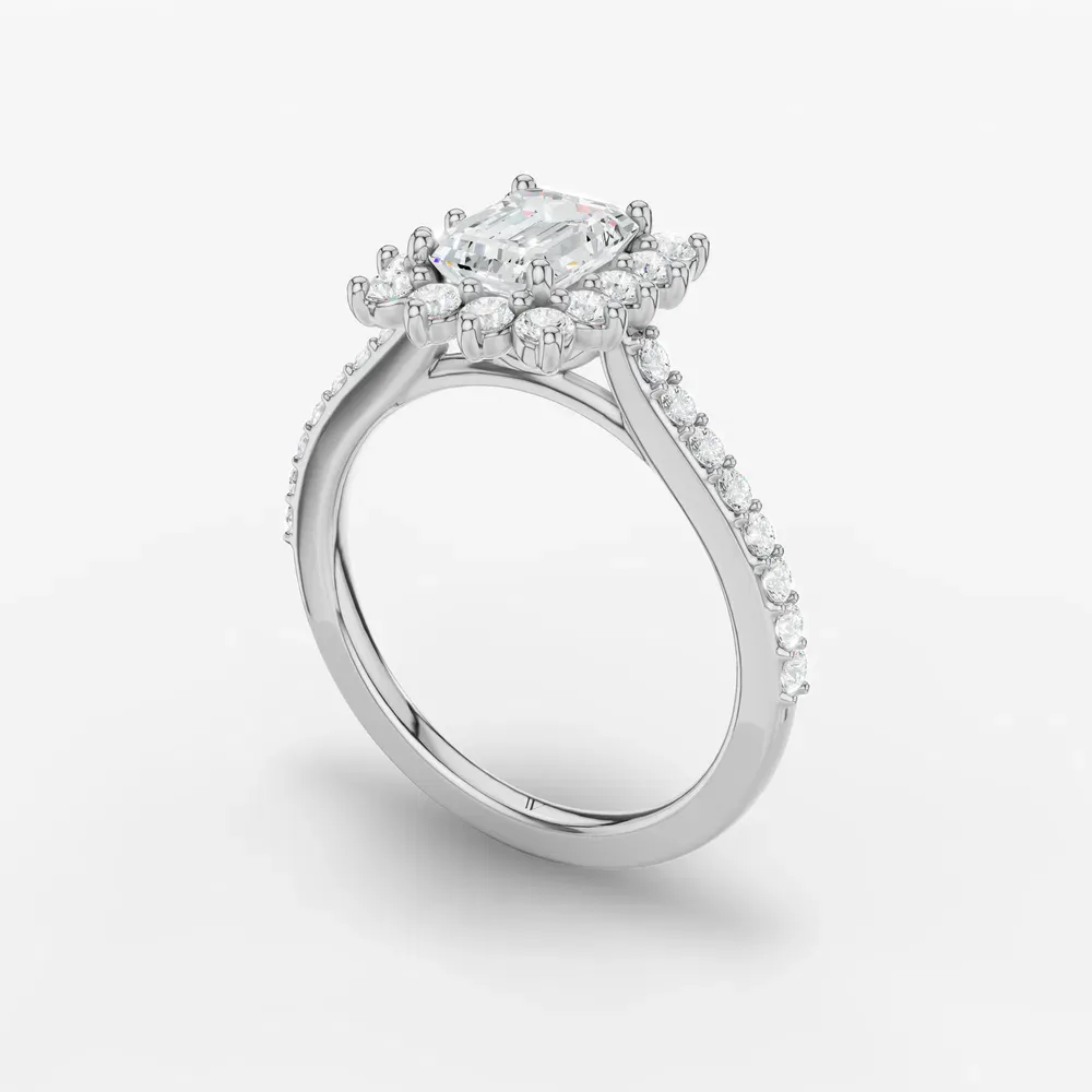 Certified 1 carat Lab Grown Diamond Emerald Cut Pavé, Halo, Floral Engagement Ring in 14K White Gold-Elite Juniper