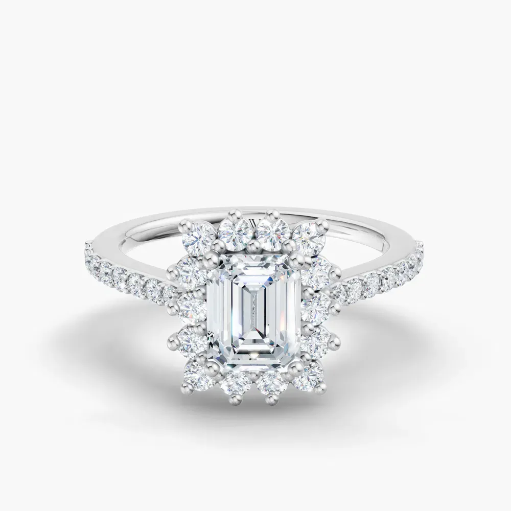 Certified 1 carat Lab Grown Diamond Emerald Cut Pavé, Halo, Floral Engagement Ring in 14K White Gold-Elite Juniper