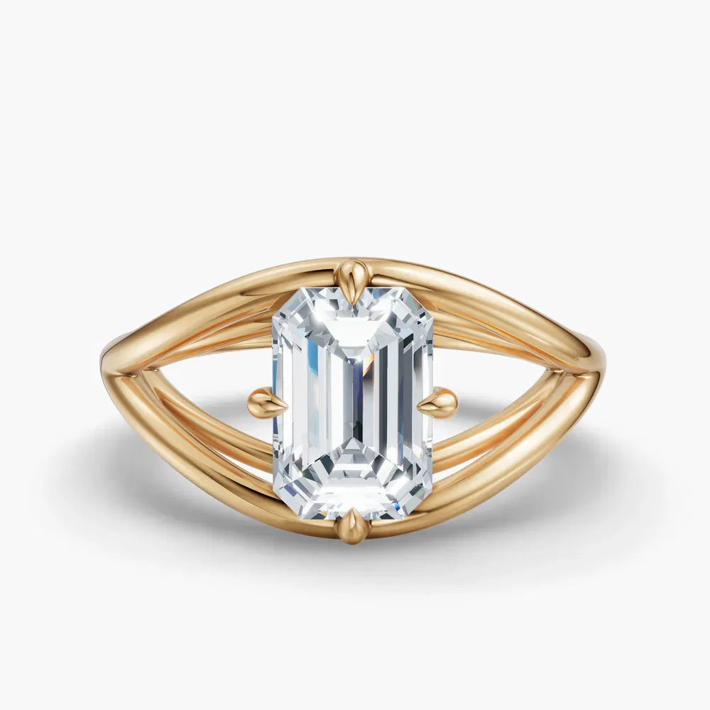 Certified 1 carat Lab Grown Diamond Emerald Cut Solitaire, Split Shank, Modern Engagement Ring in 14K Yellow Gold-Kira