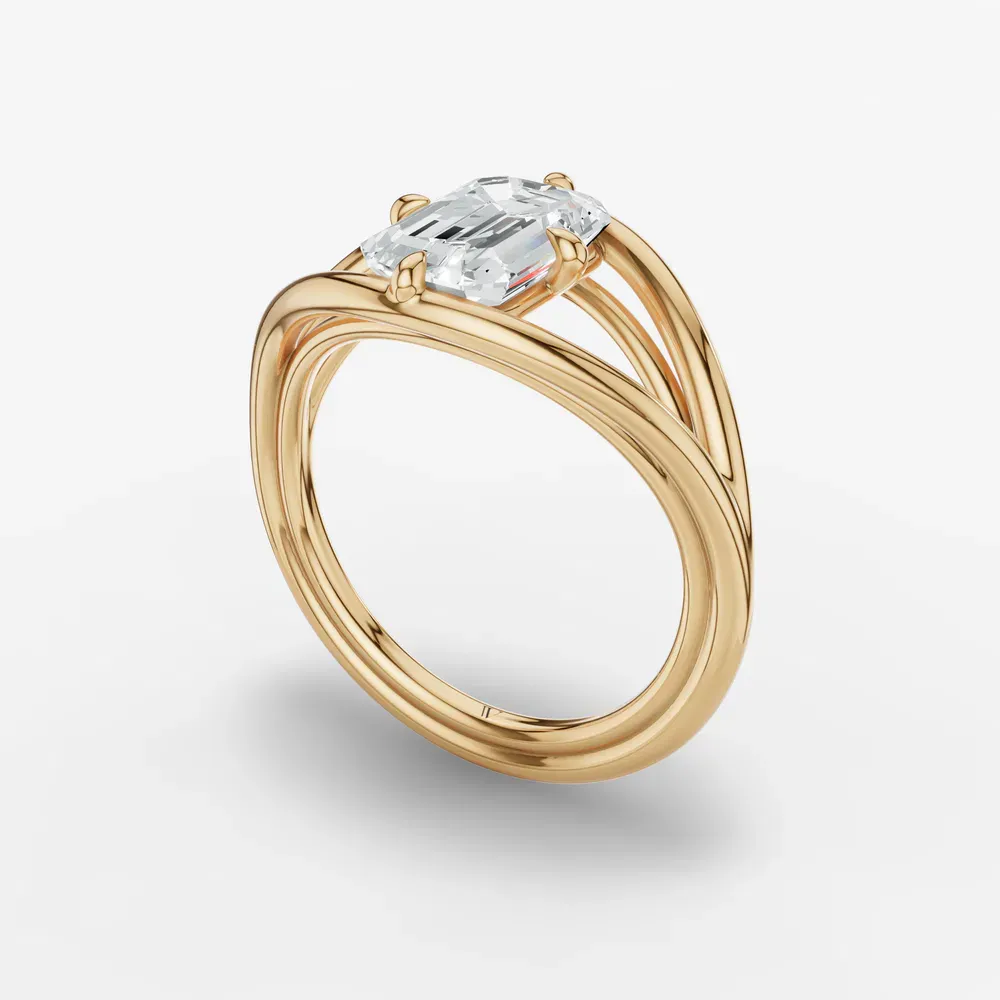 Certified 1 carat Lab Grown Diamond Emerald Cut Solitaire, Split Shank, Modern Engagement Ring in 14K Yellow Gold-Kira