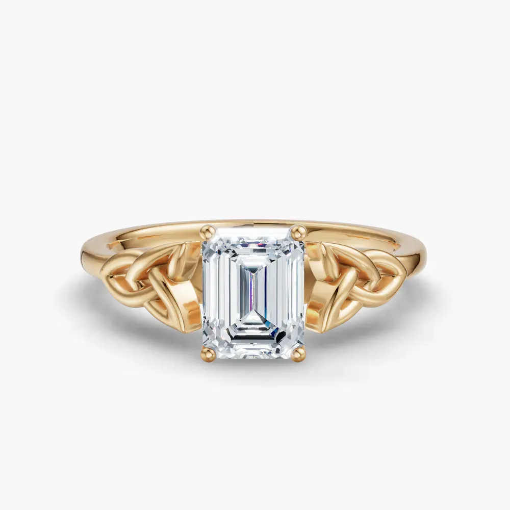 Certified 1 carat Lab Grown Diamond Emerald Cut Solitaire, Cathedral, Celtic Engagement Ring in 14K Yellow Gold-Vire