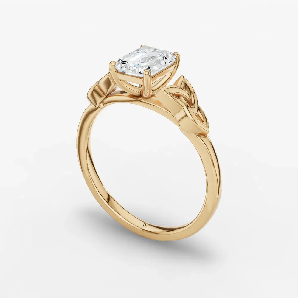Certified 1 carat Lab Grown Diamond Emerald Cut Solitaire, Cathedral, Celtic Engagement Ring in 14K Yellow Gold-Vire