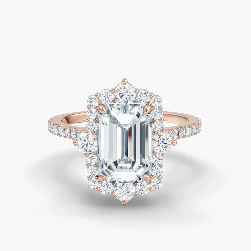 Certified 1 carat Lab Grown Diamond Emerald Cut Hidden Halo, Halo, Cathedral Engagement Ring in 14K Rose Gold-Cylen