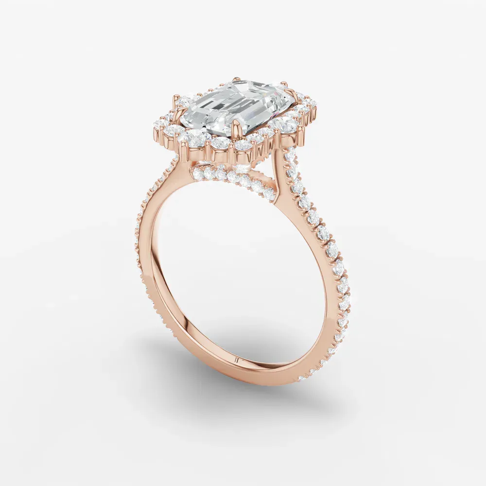 Certified 1 carat Lab Grown Diamond Emerald Cut Hidden Halo, Halo, Cathedral Engagement Ring in 14K Rose Gold-Cylen