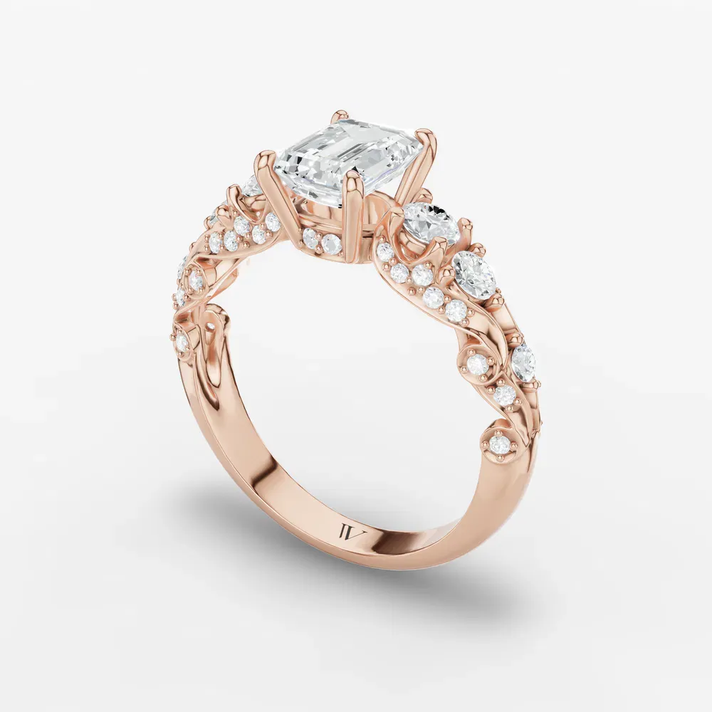 Certified 1 carat Lab Grown Diamond Emerald Cut Hidden Halo, Unique, Side Stone Engagement Ring in 14K Rose Gold-Marinia