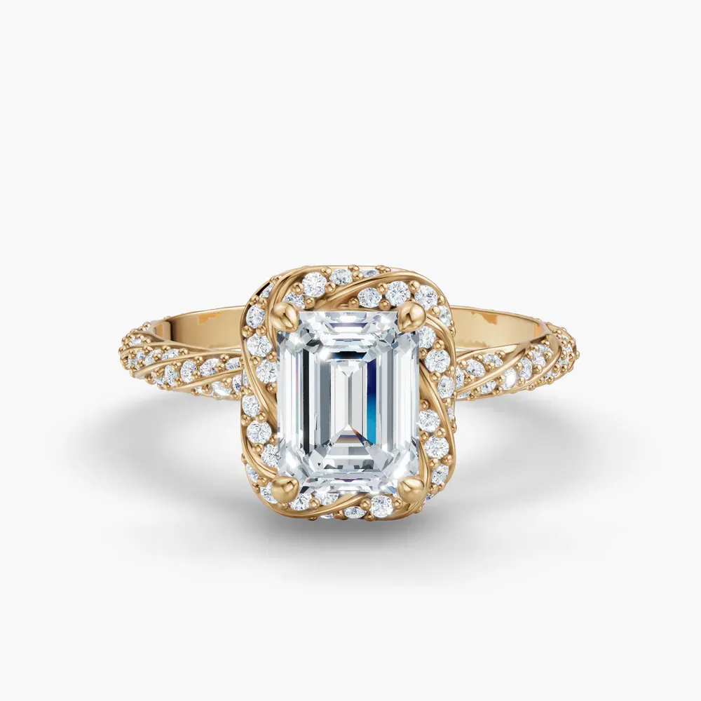 Certified 1 carat Lab Grown Diamond Emerald Cut Halo, Floral, Twist Engagement Ring in 14K Yellow Gold-Moxl
