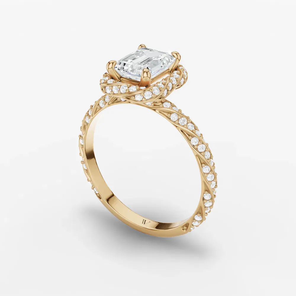 Certified 1 carat Lab Grown Diamond Emerald Cut Halo, Floral, Twist Engagement Ring in 14K Yellow Gold-Moxl
