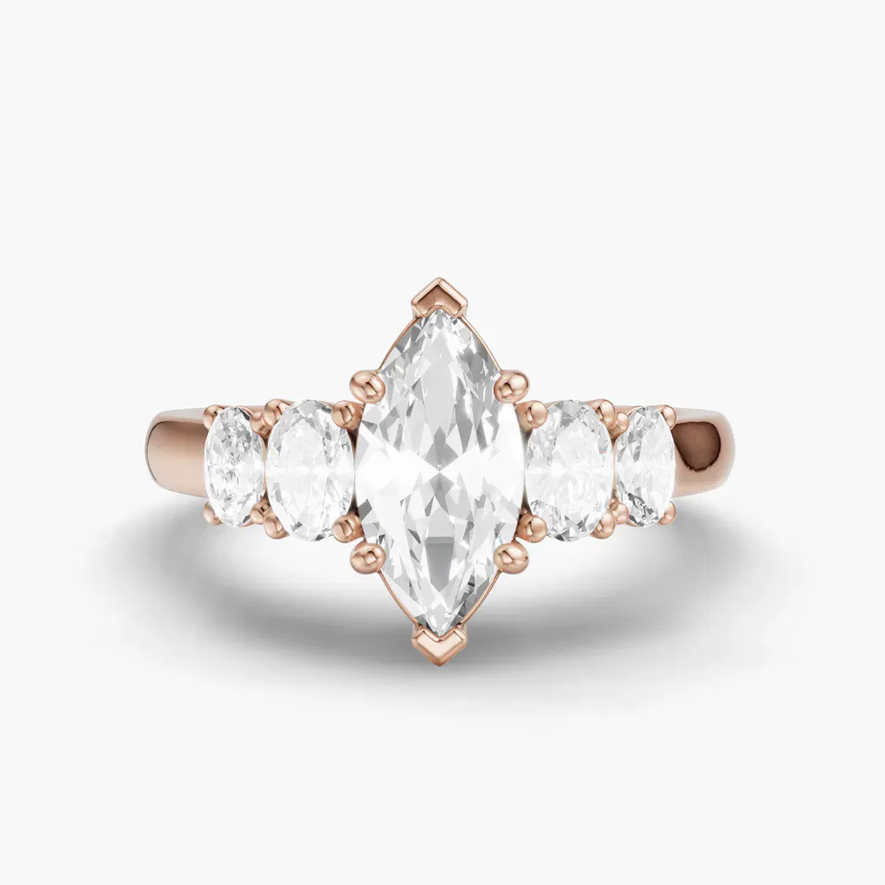 Certified 1 carat Lab Grown Diamond Marquise Cut Five Stone, Side Stone Engagement Ring in 14K Rose Gold-Elyx