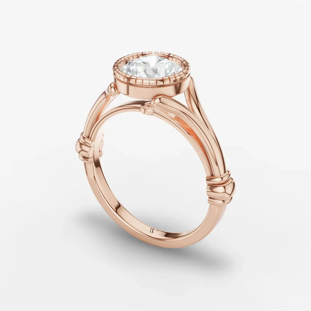 Certified 1 carat Lab Grown Diamond Round Cut Solitaire, Split Shank, Bezel Engagement Ring in 14K Rose Gold-Nerea