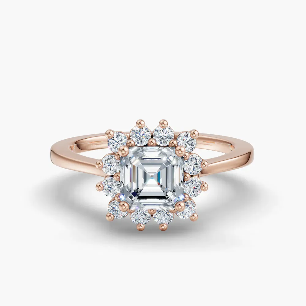 Certified 1 carat Lab Grown Diamond Asscher Cut Cathedral, Halo, Floral Engagement Ring in 14K Rose Gold-Juncb
