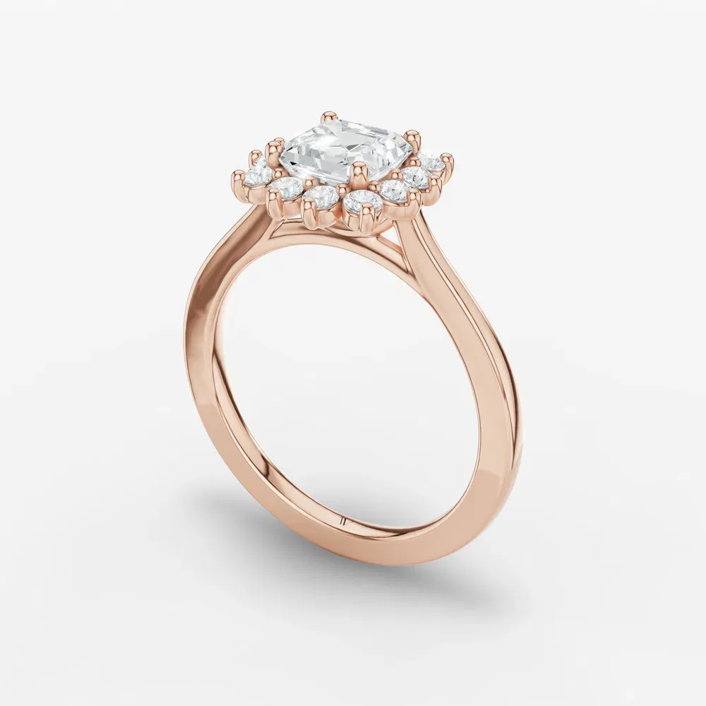 Certified 1 carat Lab Grown Diamond Asscher Cut Cathedral, Halo, Floral Engagement Ring in 14K Rose Gold-Juncb
