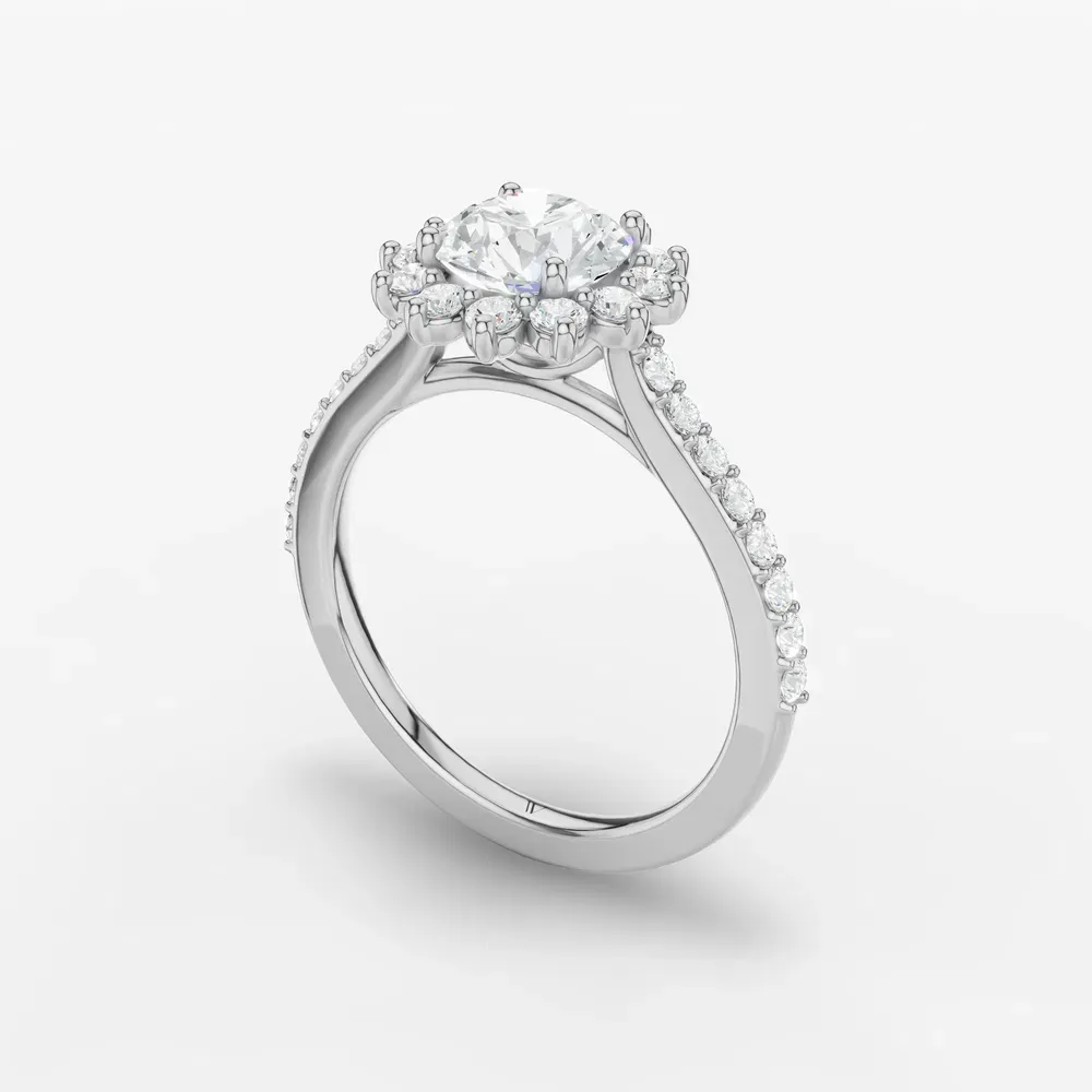 Certified 1 carat Lab Grown Diamond Round Cut Pavé, Halo, Floral Engagement Ring in 14K White Gold-Elite Juniper