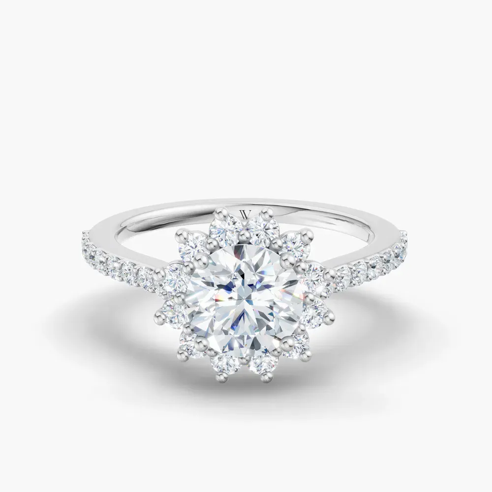 Certified 1 carat Lab Grown Diamond Round Cut Pavé, Halo, Floral Engagement Ring in 14K White Gold-Elite Juniper