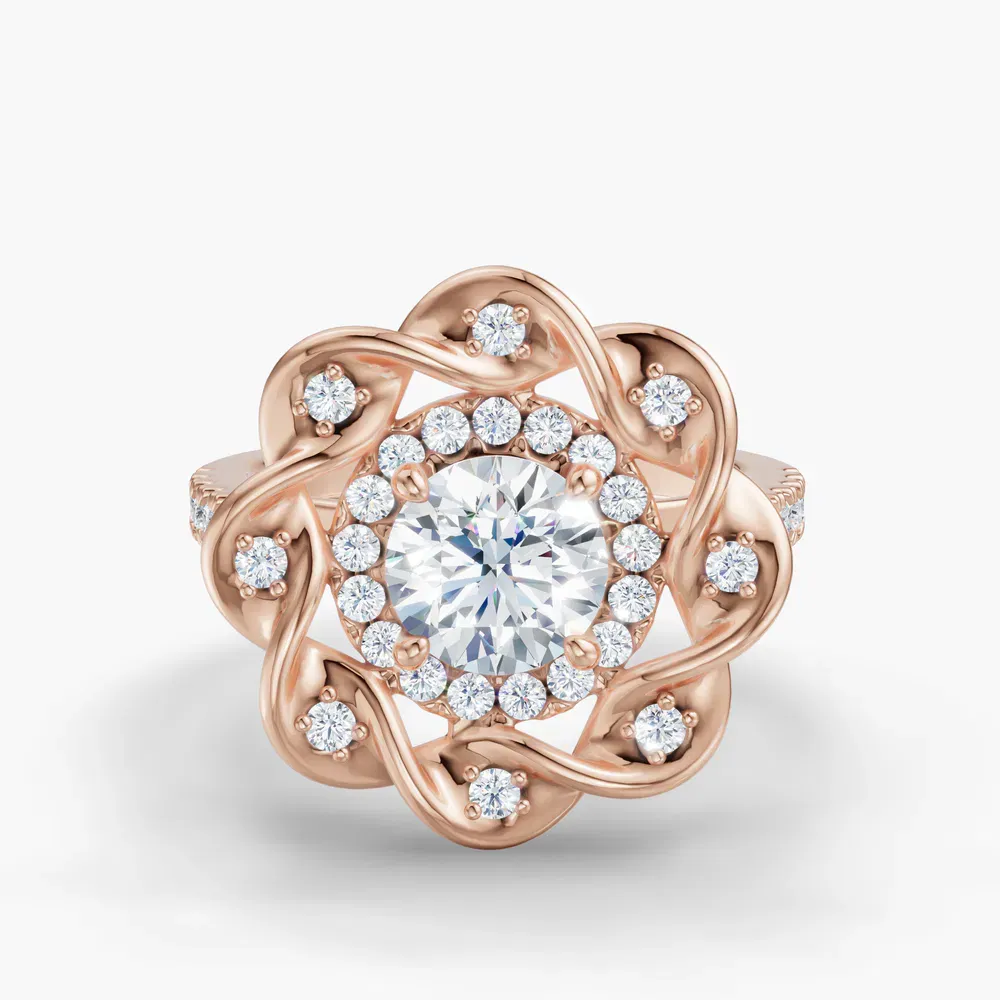 Certified 1 carat Lab Grown Diamond Round Cut Floral, Double halo, Twist Engagement Ring in 14K Rose Gold-Pebble