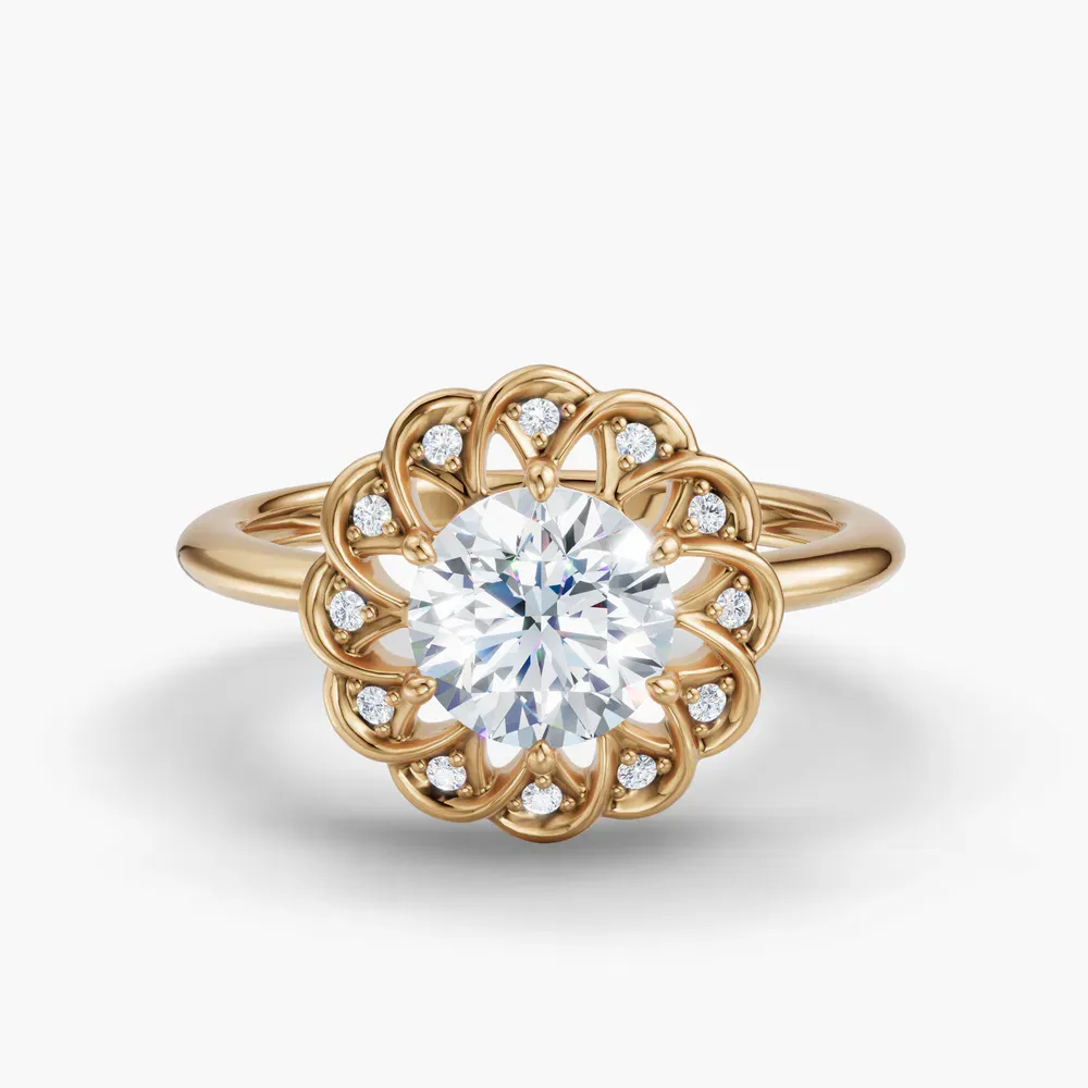 Certified 1 carat Lab Grown Diamond Round Cut Floral, Nature inspired, Six Prong Engagement Ring in 14K Yellow Gold-Gleam