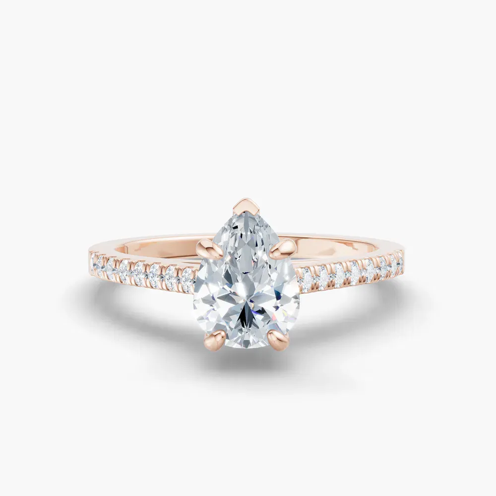 Certified 1 carat Lab Grown Diamond Pear Cut Pavé, Cathedral Engagement Ring in 14K Rose Gold-Zirellun