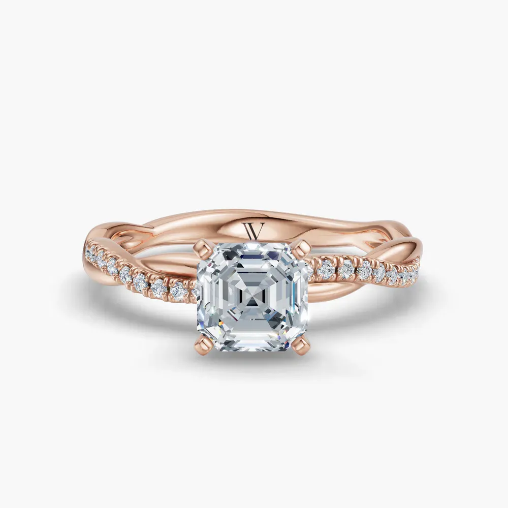 Certified 1 carat Lab Grown Diamond Asscher Cut Pavé, Twist, Infinity Engagement Ring in 14K Rose Gold-Obliq