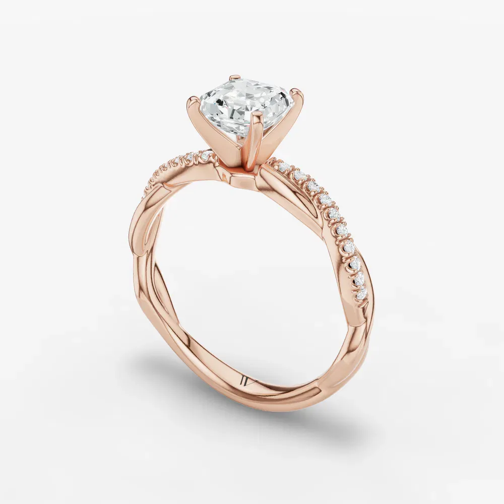 Certified 1 carat Lab Grown Diamond Asscher Cut Pavé, Twist, Infinity Engagement Ring in 14K Rose Gold-Obliq