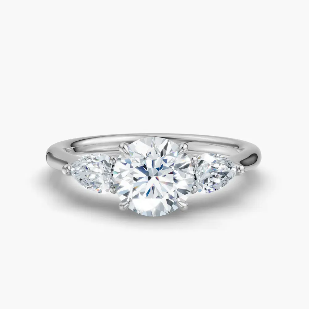 Certified 1 carat Lab Grown Diamond Round Cut Three Stone, Side Stone, Four Prong Engagement Ring in 14K White Gold-Hailu