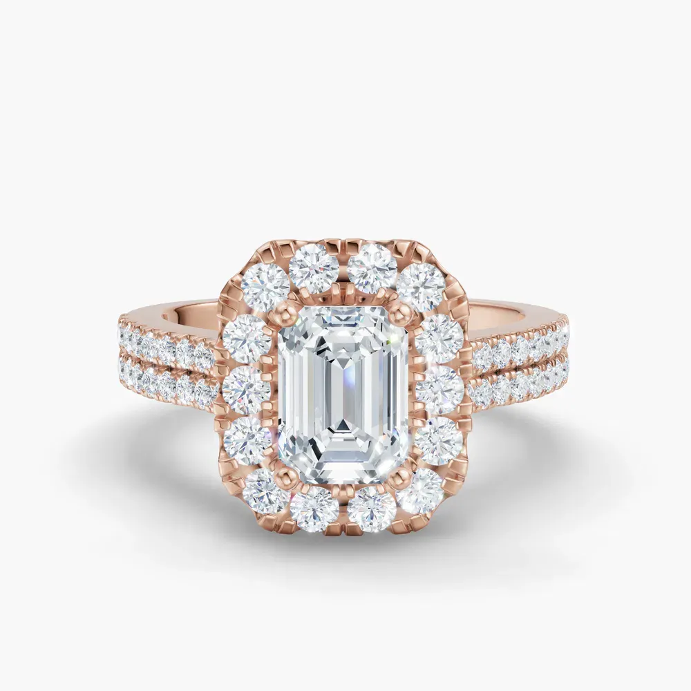 Certified 1 carat Lab Grown Diamond Emerald Cut Pavé, Halo, Cathedral Engagement Ring in 18K Rose Gold-Maelis