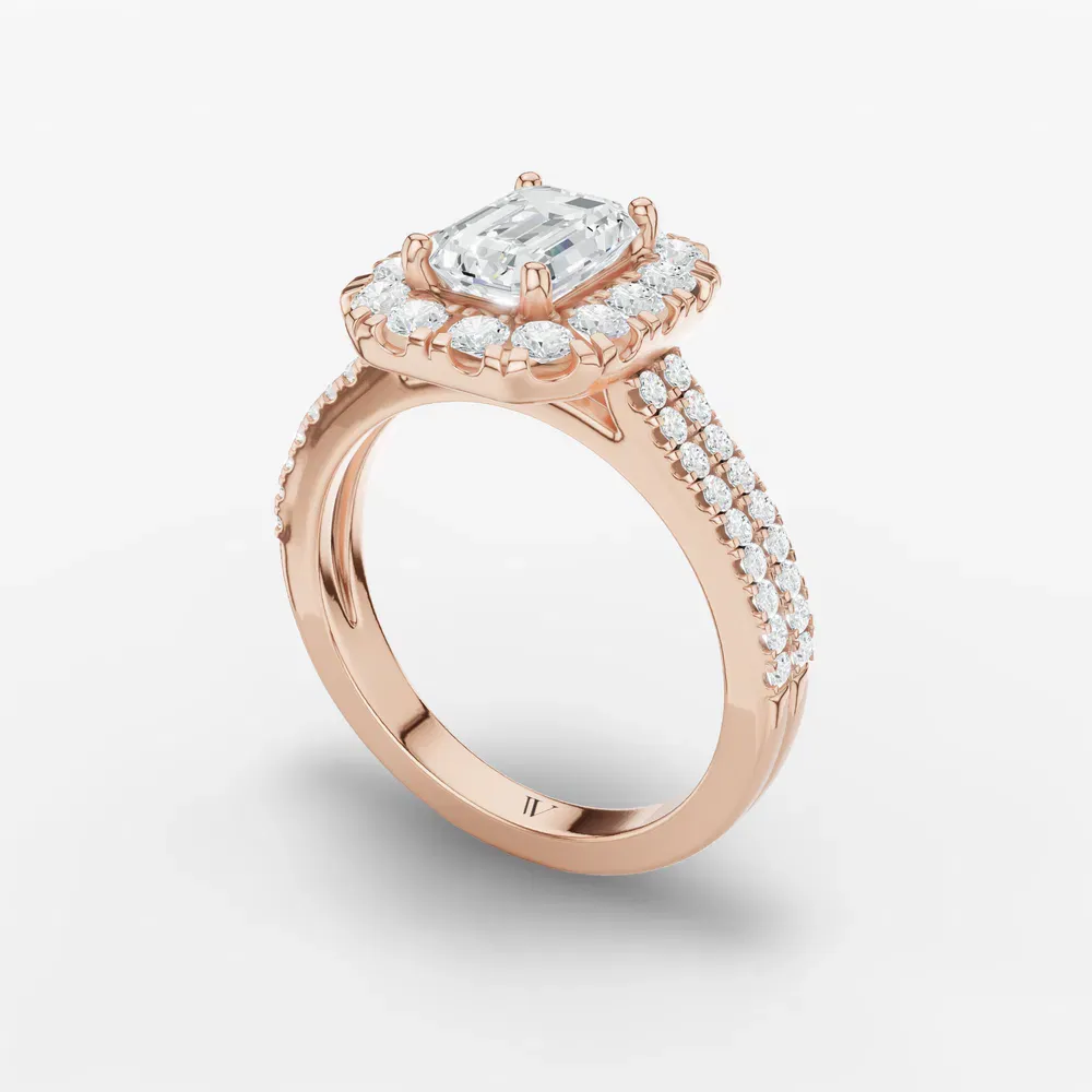 Certified 1 carat Lab Grown Diamond Emerald Cut Pavé, Halo, Cathedral Engagement Ring in 18K Rose Gold-Maelis
