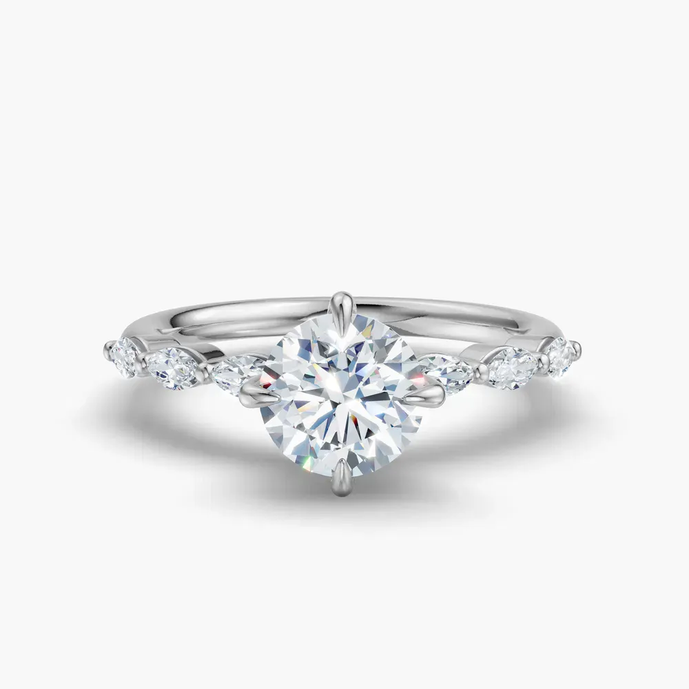 Certified 1 carat Lab Grown Diamond Round Cut Four Prong, Side Stone Engagement Ring in 18K White Gold-Garo