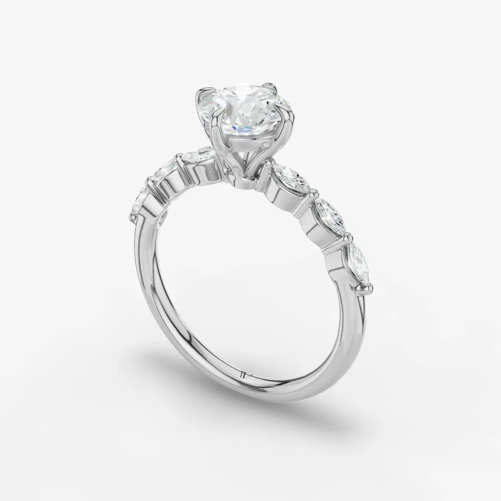 Certified 1 carat Lab Grown Diamond Round Cut Four Prong, Side Stone Engagement Ring in 18K White Gold-Garo