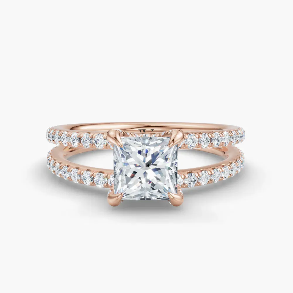 Certified 1 carat Lab Grown Diamond Princess Cut Pavé, Split Shank, Hidden Halo Engagement Ring in 14K Rose Gold-Soren