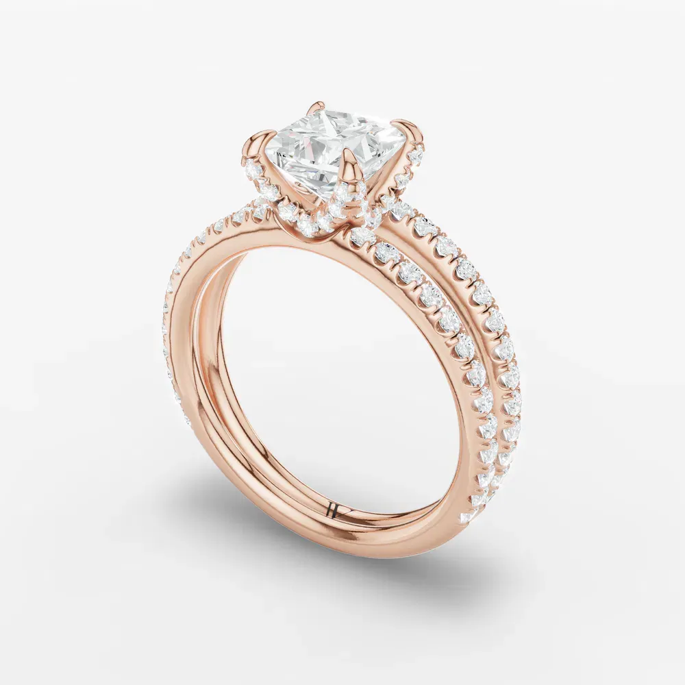 Certified 1 carat Lab Grown Diamond Princess Cut Pavé, Split Shank, Hidden Halo Engagement Ring in 14K Rose Gold-Soren