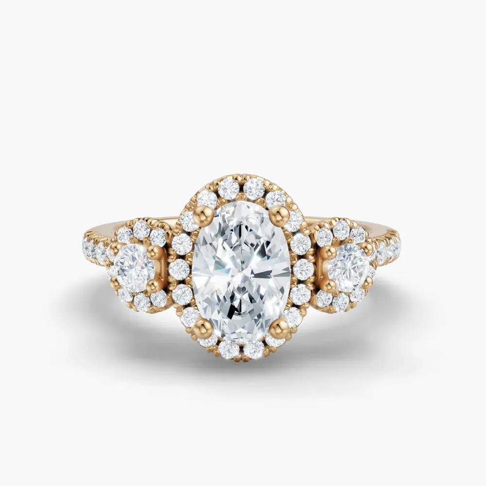 Certified 1 carat Lab Grown Diamond Oval Cut Three Stone, Halo, Hidden Halo Engagement Ring in 14K Yellow Gold-Hylor