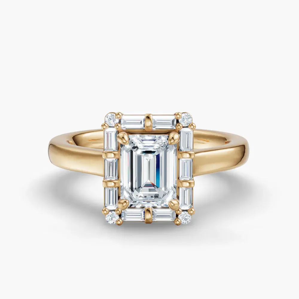 Certified 1 carat Lab Grown Diamond Emerald Cut Art Deco, Halo, Baguette Engagement Ring in 14K Yellow Gold-Miriel