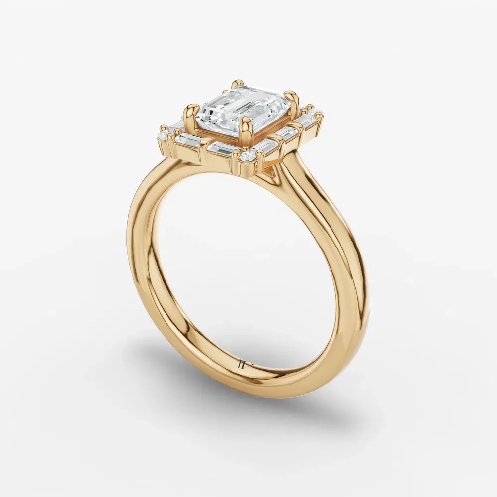 Certified 1 carat Lab Grown Diamond Emerald Cut Art Deco, Halo, Baguette Engagement Ring in 14K Yellow Gold-Miriel