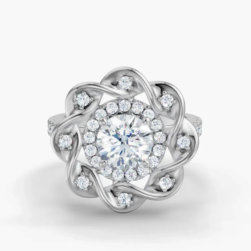 Certified 1 carat Lab Grown Diamond Round Cut Floral, Double halo, Twist Engagement Ring in 18K White Gold-Pebble