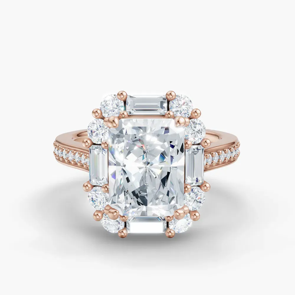 Certified 2 carat Lab Grown Diamond Radiant Cut Halo, Art Deco, Cathedral Engagement Ring in 18K Rose Gold-Crysle