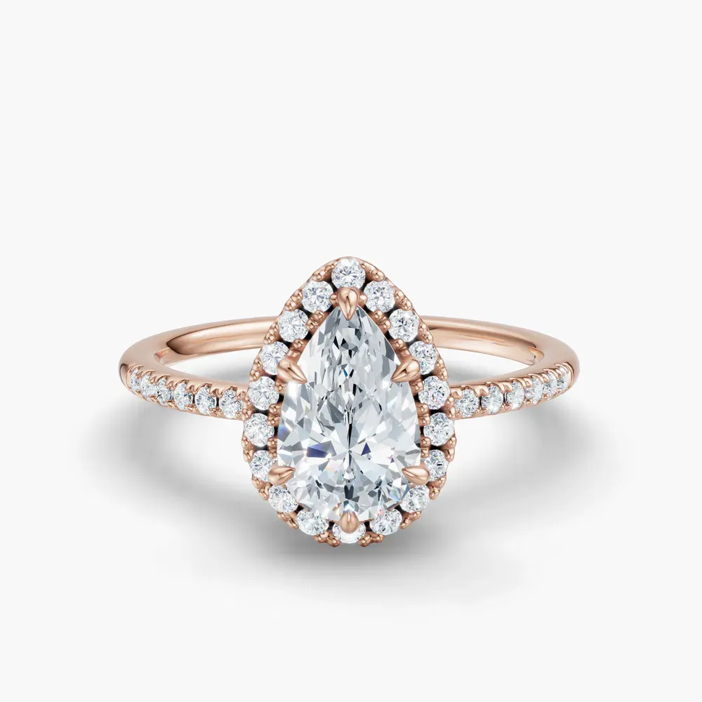 Certified 1 carat Lab Grown Diamond Pear Cut Halo, Pavé, Classic Engagement Ring in 14K Rose Gold-Elite Vaelumette